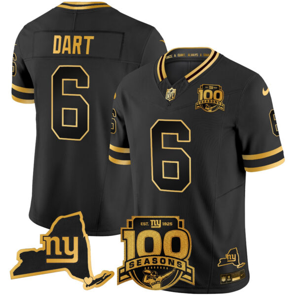 New York Giants Jaxson Dart 100th Season & State Patch Gold Vapor Limited Jersey - All Stitched - Black Gold