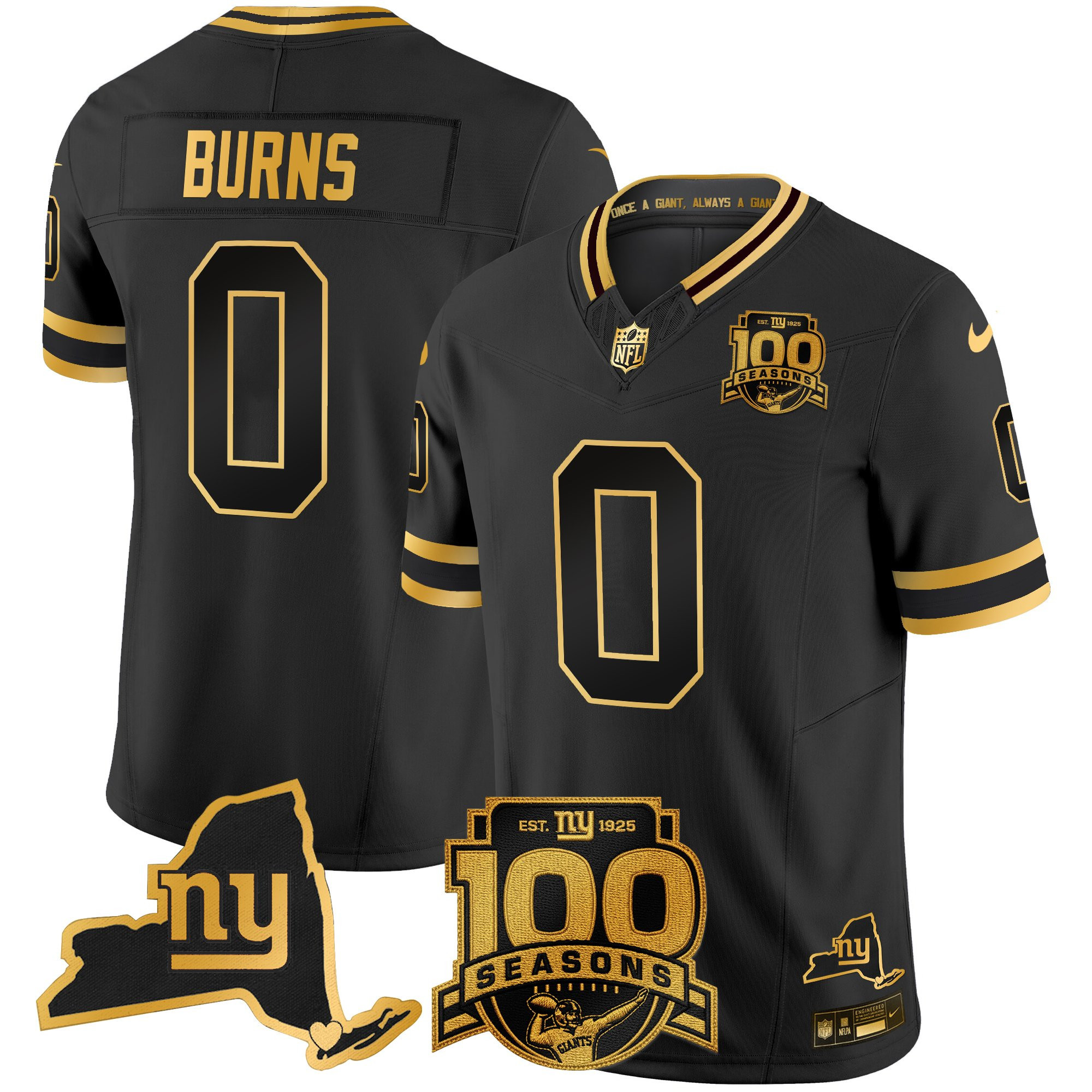 New York Giants Brian Burns 100th Season & State Patch Gold Vapor Limited Jersey - All Stitched - Black Gold