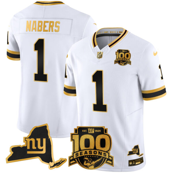 New York Giants Malik Nabers 100th Season & State Patch Gold Vapor Limited Jersey - All Stitched - White Gold