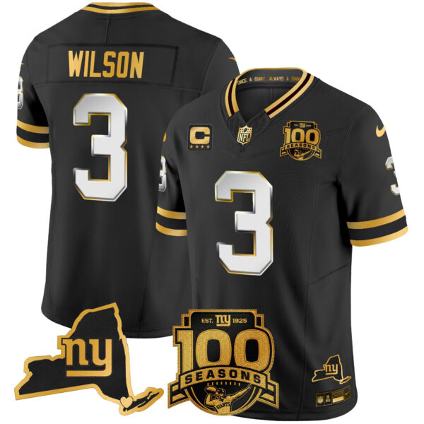 New York Giants Russell Wilson 100th Season & State Patch Gold Vapor Limited Jersey - All Stitched - Black Limited