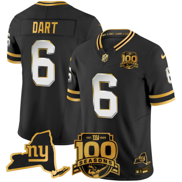 New York Giants Jaxson Dart 100th Season & State Patch Gold Vapor Limited Jersey - All Stitched - Black Limited