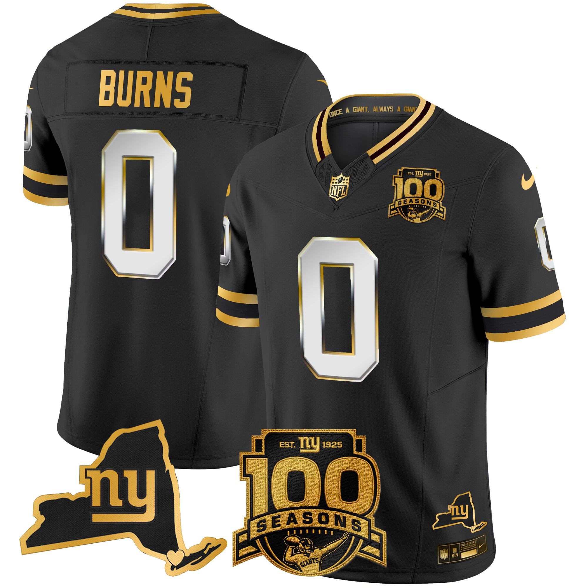 New York Giants Brian Burns 100th Season & State Patch Gold Vapor Limited Jersey - All Stitched - Black Limited