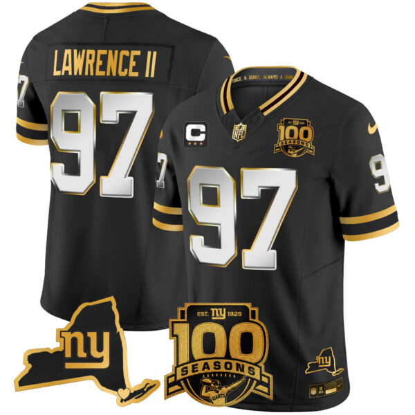 New York Giants Dexter Lawrence II 100th Season & State Patch Gold Vapor Limited Jersey - All Stitched - Black Limited