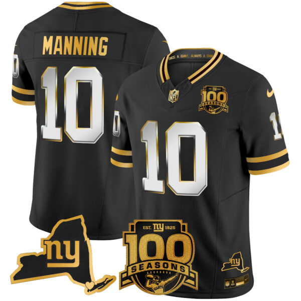 New York Giants Eli Manning 100th Season & State Patch Gold Vapor Limited Jersey - All Stitched - Black Limited