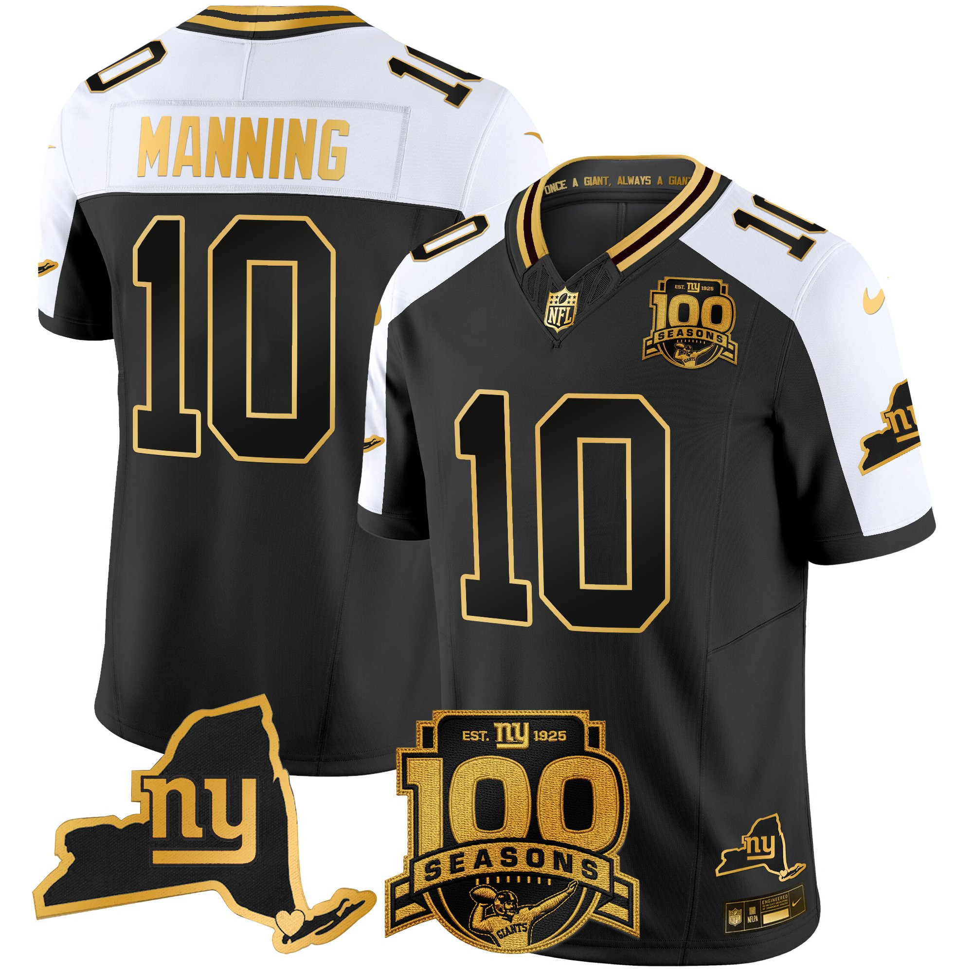 New York Giants Eli Manning 100th Season & State Patch Gold Vapor Limited Jersey - All Stitched - Alternate