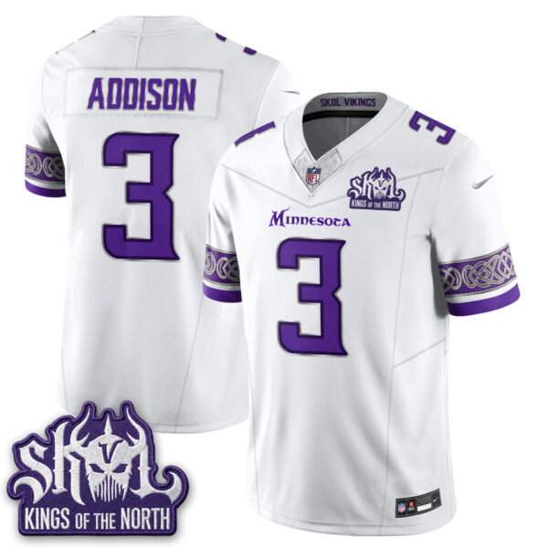 Minnesota Vikings Jordan Addison Fangear Warrior Skol Patch Limited Vapor Jersey - All Stitched - White