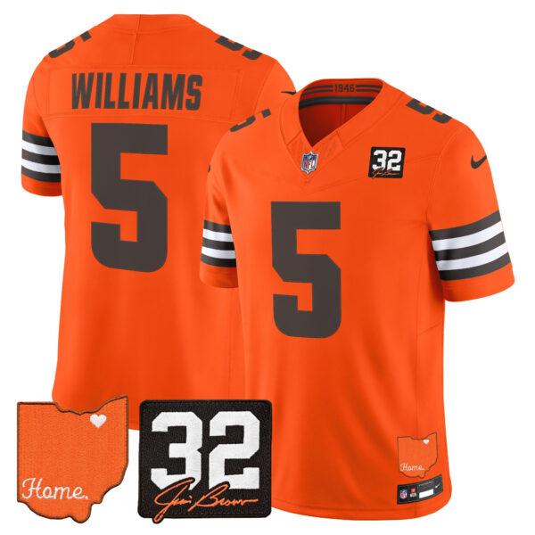 Cleveland Browns Quincy Williams 2026 Jim Brown Memorial & Home Patch Vapor Limited Jersey - All Stitched - Orange
