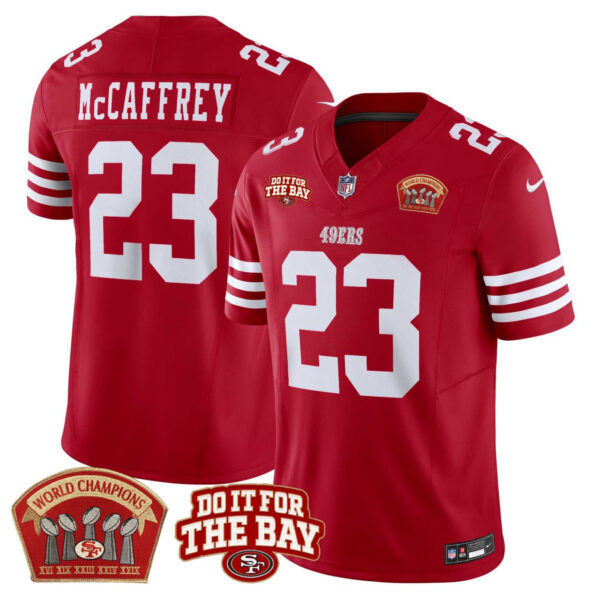 San Francisco 49ers Christian McCaffrey 5x World Champions & Do It For The Bay Patch Limited Jersey - All Stitched - Red
