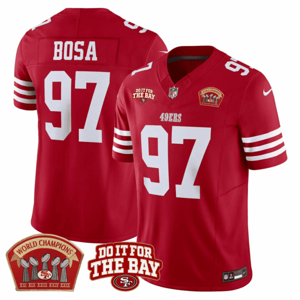 San Francisco 49ers Nick Bosa 5x World Champions & Do It For The Bay Patch Limited Jersey - All Stitched - Red
