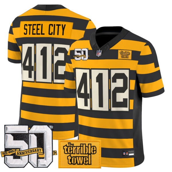Pittsburgh Steelers Steel City 412 Bumblebee 50th Terrible Towel Patch Vapor Limited Jersey - All Stitched