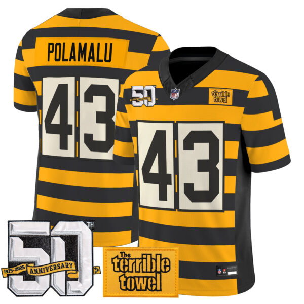 Pittsburgh Steelers Troy Polamalu Bumblebee 50th Terrible Towel Patch Vapor Limited Jersey - All Stitched