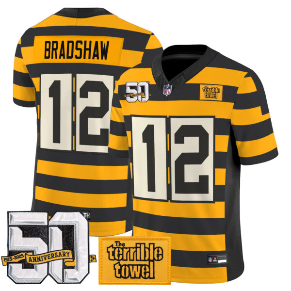 Pittsburgh Steelers Terry Bradshaw Bumblebee 50th Terrible Towel Patch Vapor Limited Jersey - All Stitched