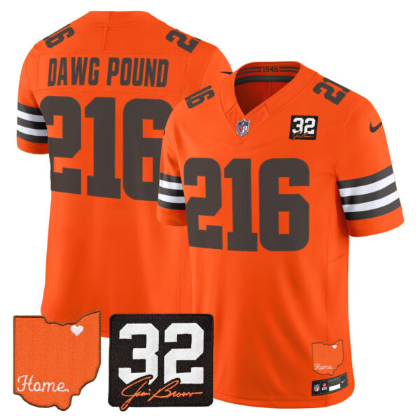Cleveland Browns Dawg Pound 216 2026 Jim Brown Memorial & Home Patch Vapor Limited Jersey - All Stitched - Orange