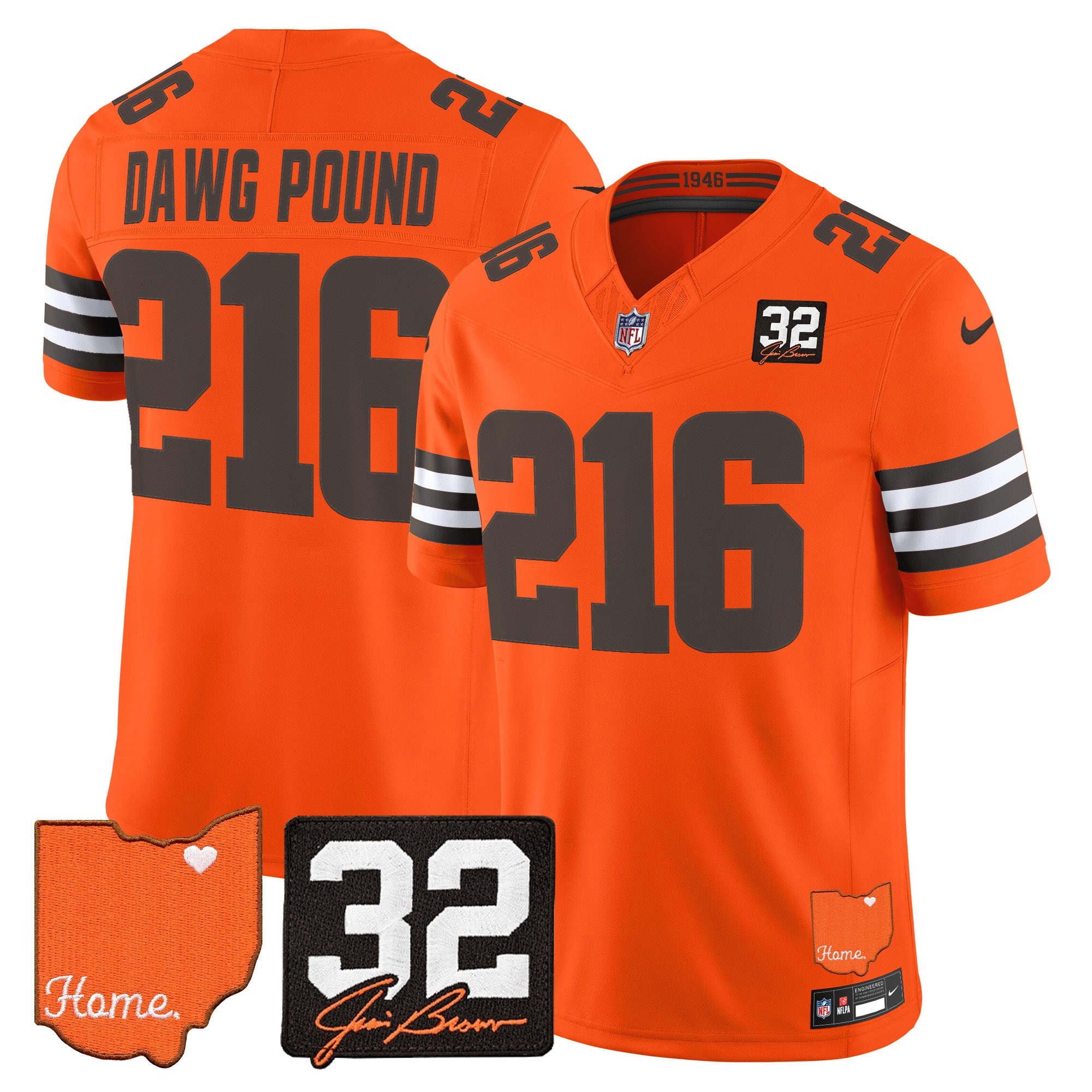 Cleveland Browns Dawg Pound 216 2026 Jim Brown Memorial & Home Patch Vapor Limited Jersey - All Stitched - Orange