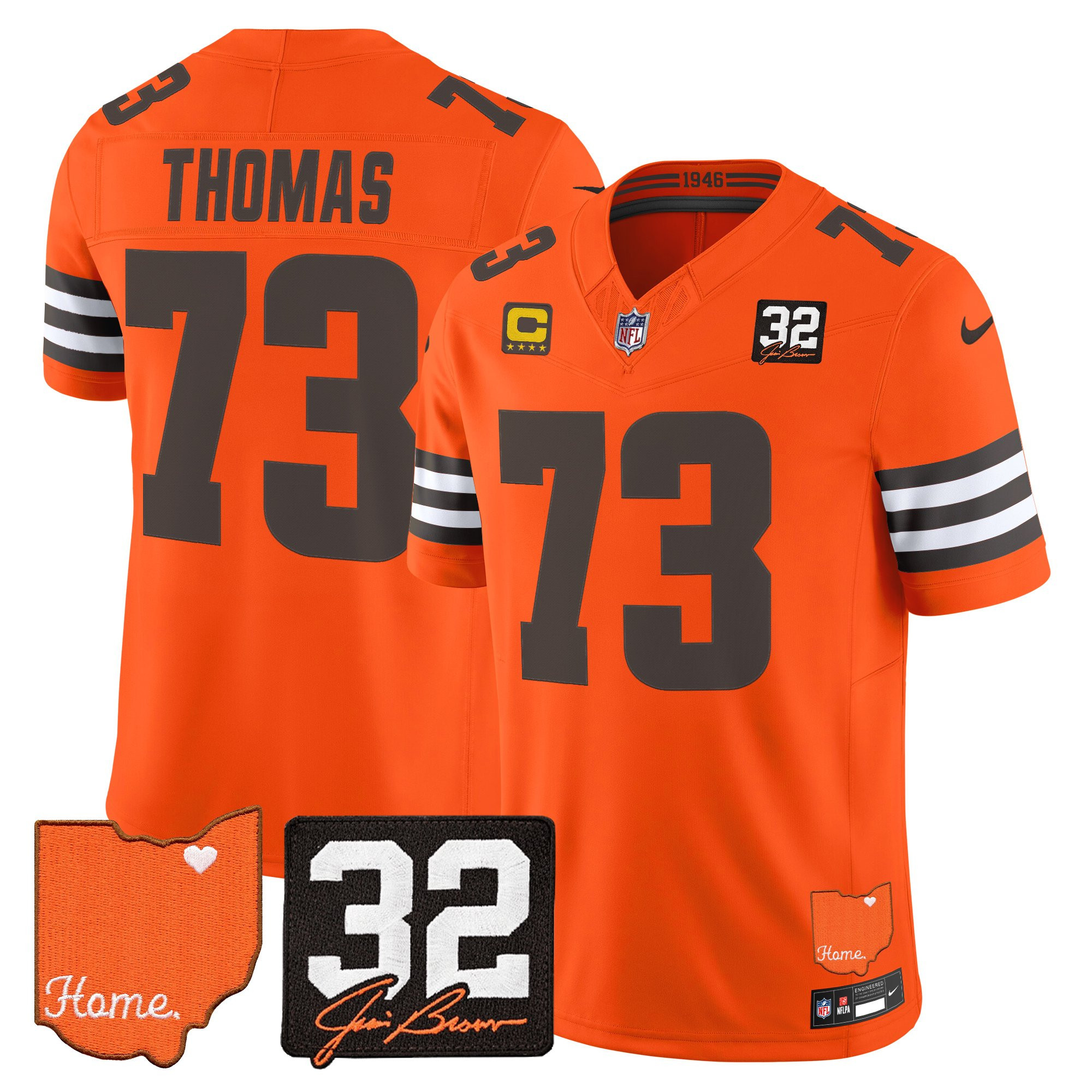 Cleveland Browns Joe Thomas 2026 Jim Brown Memorial & Home Patch Vapor Limited Jersey - All Stitched - Orange