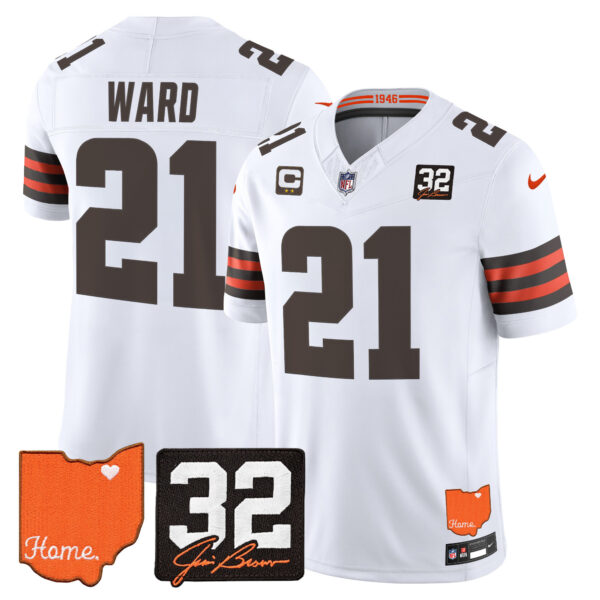 Cleveland Browns Denzel Ward 2026 Jim Brown Memorial & Home Patch Vapor Limited Jersey - All Stitched - White