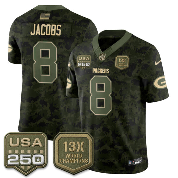 Green Bay Packers Josh Jacobs 2026 Salute To Service Edition Vapor Jersey - All Stitched - Camo