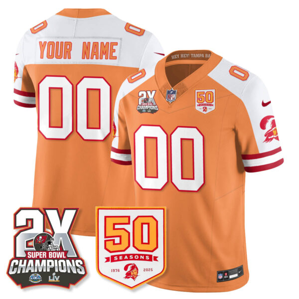 Tampa Bay Buccaneers 2-Time Champions Patch Throwback Vapor Limited Custom Jersey - All Stitched - Creamsicle Alternate