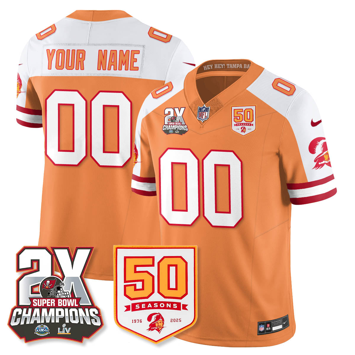 Tampa Bay Buccaneers 2-Time Champions Patch Throwback Vapor Limited Custom Jersey - All Stitched - Creamsicle Alternate