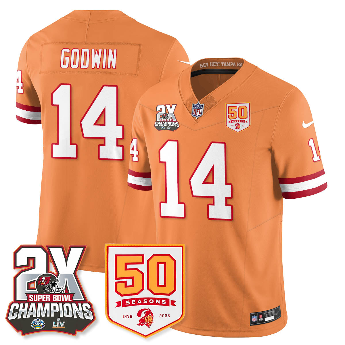 Tampa Bay Buccaneers Chris Godwin 2-Time Champions Patch Throwback Vapor Limited Jersey - All Stitched - Creamsicle
