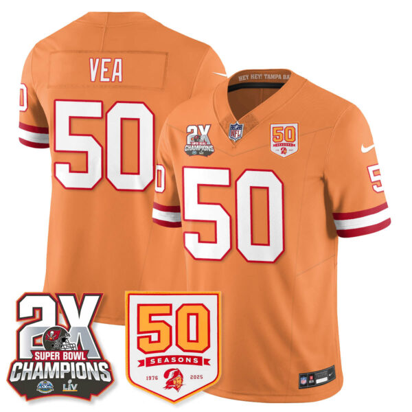 Tampa Bay Buccaneers Vita Vea 2-Time Champions Patch Throwback Vapor Limited Jersey - All Stitched - Creamsicle