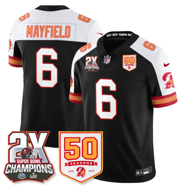 Tampa Bay Buccaneers Baker Mayfield 2-Time Champions Patch Throwback Vapor Limited Jersey - All Stitched - Black Alternate