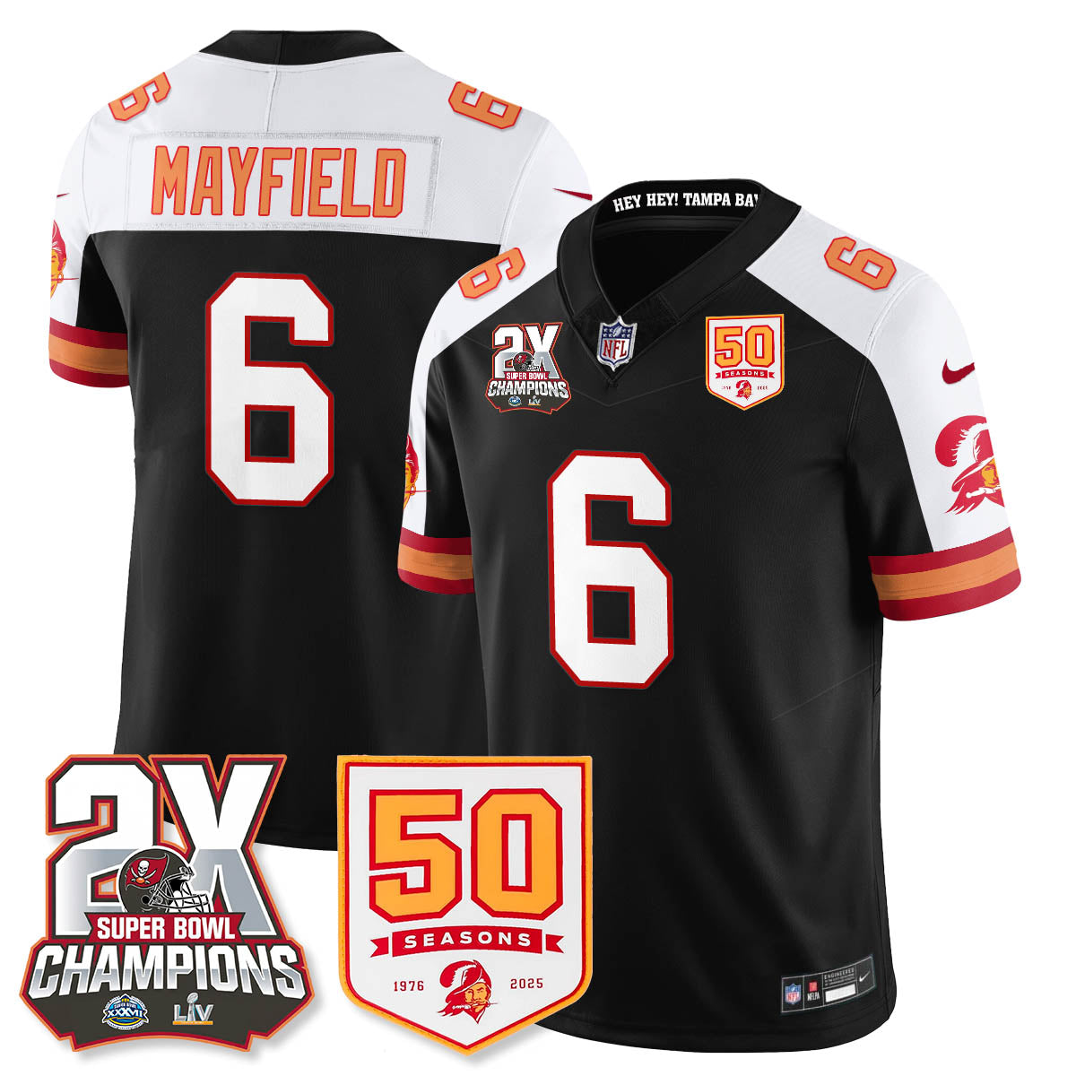 Tampa Bay Buccaneers Baker Mayfield 2-Time Champions Patch Throwback Vapor Limited Jersey - All Stitched - Black Alternate