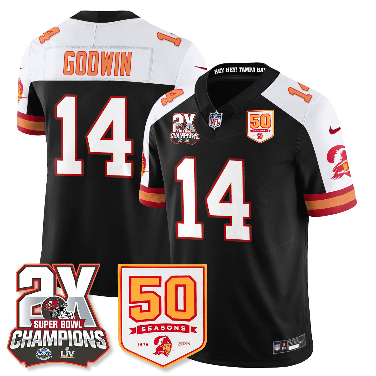 Tampa Bay Buccaneers Chris Godwin 2-Time Champions Patch Throwback Vapor Limited Jersey - All Stitched - Black Alternate