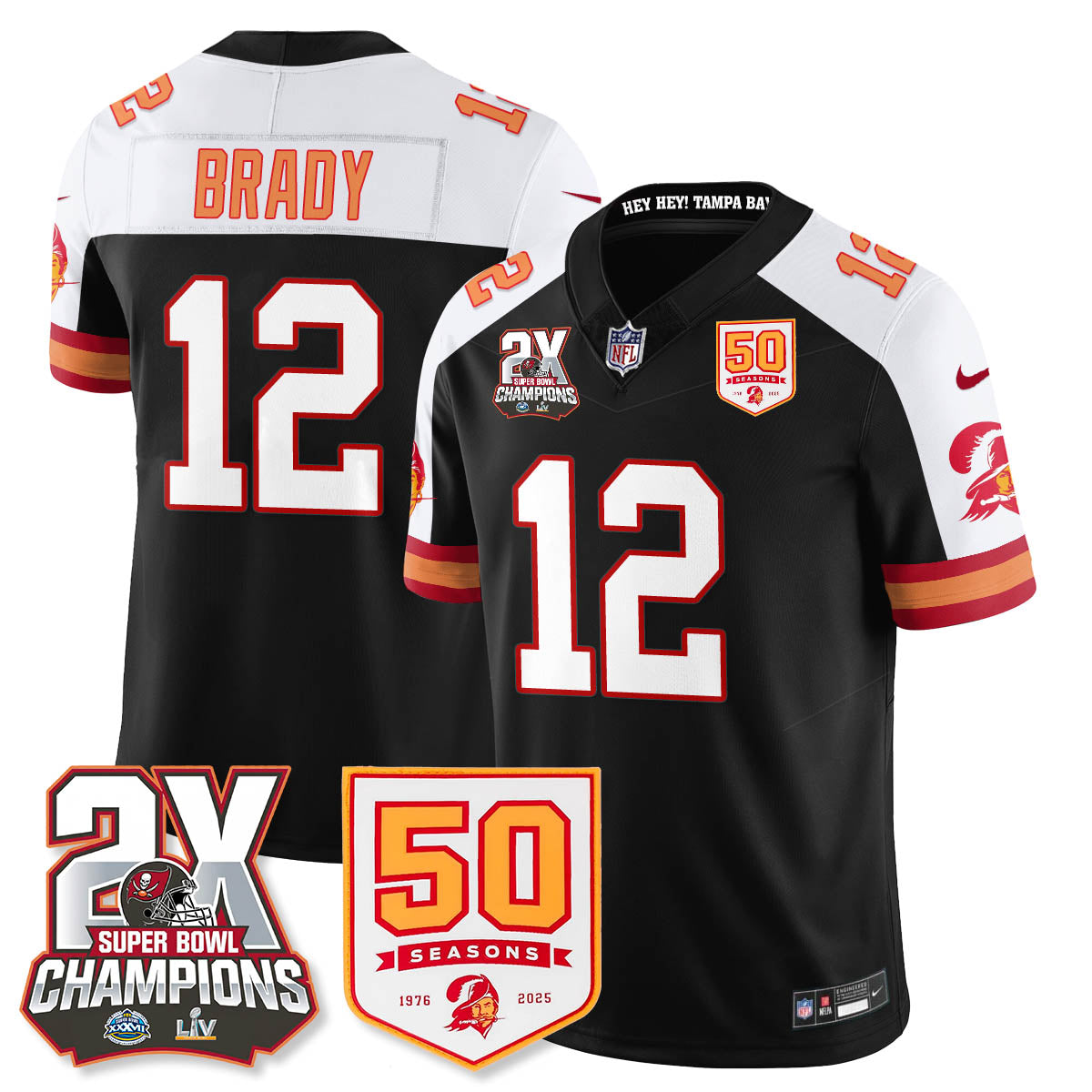Tampa Bay Buccaneers Tom Brady 2-Time Champions Patch Throwback Vapor Limited Jersey - All Stitched - Black Alternate