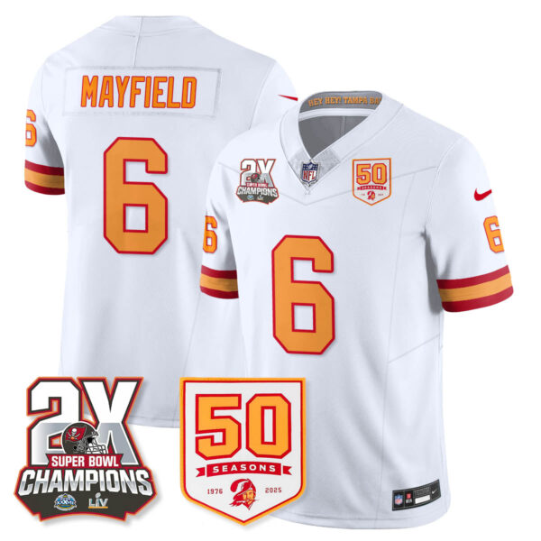 Tampa Bay Buccaneers Baker Mayfield 2-Time Champions Patch Throwback Vapor Limited Jersey - All Stitched - White