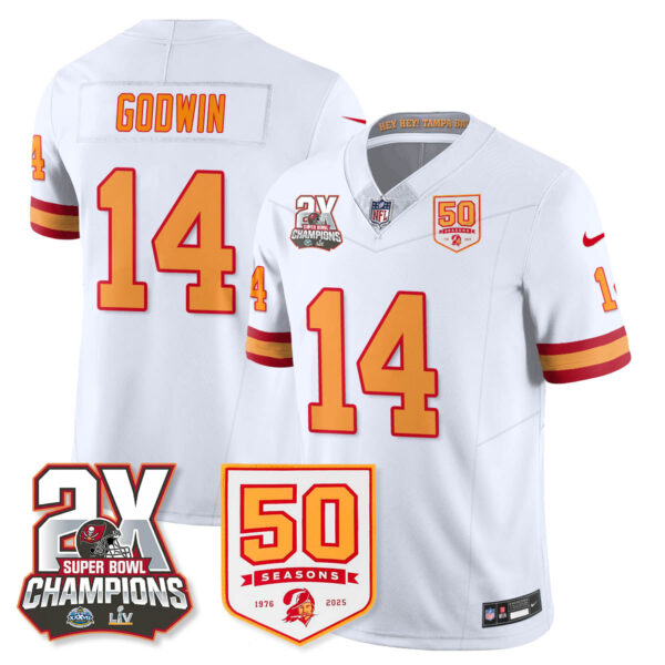 Tampa Bay Buccaneers Chris Godwin 2-Time Champions Patch Throwback Vapor Limited Jersey - All Stitched - White