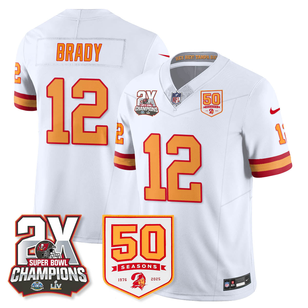 Tampa Bay Buccaneers Tom Brady 2-Time Champions Patch Throwback Vapor Limited Jersey - All Stitched - White