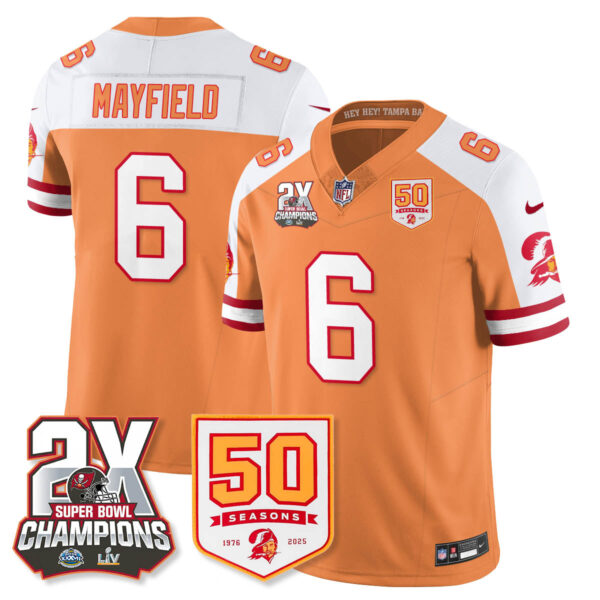 Tampa Bay Buccaneers Baker Mayfield 2-Time Champions Patch Throwback Vapor Limited Jersey - All Stitched - Creamsicle Alternate