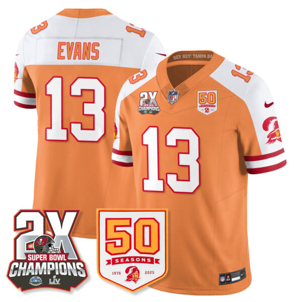 Tampa Bay Buccaneers Mike Evans 2-Time Champions Patch Throwback Vapor Limited Jersey - All Stitched - Creamsicle Alternate