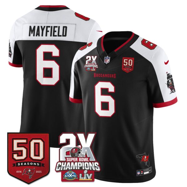 Tampa Bay Buccaneers Baker Mayfield 2-Time Champions Patch Vapor Limited Jersey - All Stitched - Black Alternate