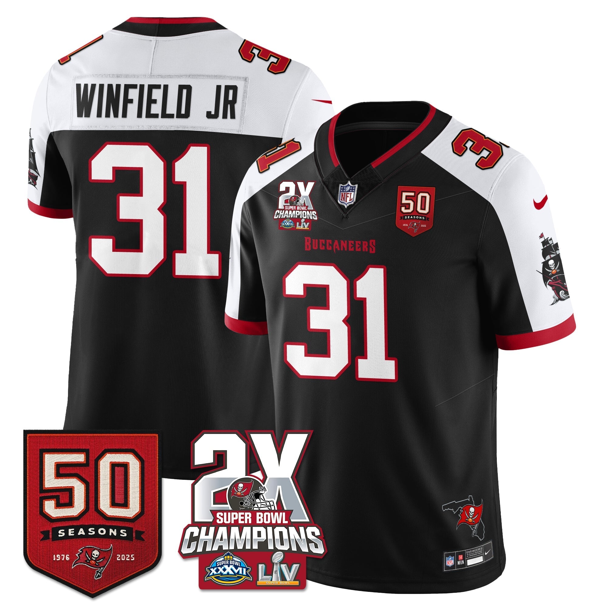 Tampa Bay Buccaneers Antoine Winfield Jr 2-Time Champions Patch Vapor Limited Jersey - All Stitched - Black Alternate