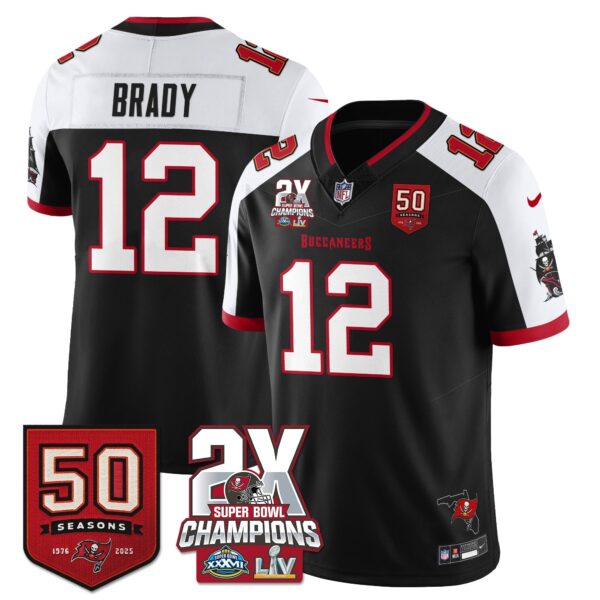 Tampa Bay Buccaneers Tom Brady 2-Time Champions Patch Vapor Limited Jersey - All Stitched - Black Alternate