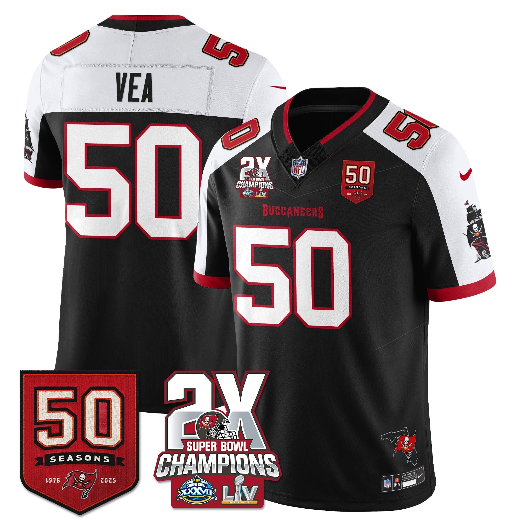 Tampa Bay Buccaneers Vita Vea 2-Time Champions Patch Vapor Limited Jersey - All Stitched - Black Alternate