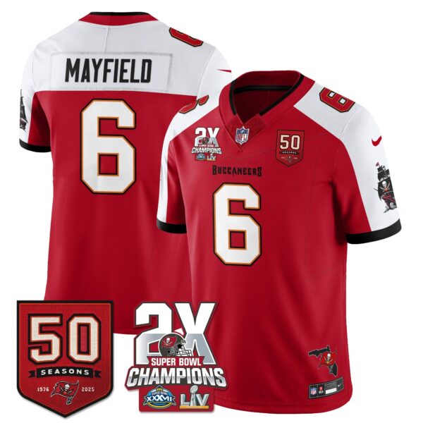 Tampa Bay Buccaneers Baker Mayfield 2-Time Champions Patch Vapor Limited Jersey - All Stitched - Red Alternate