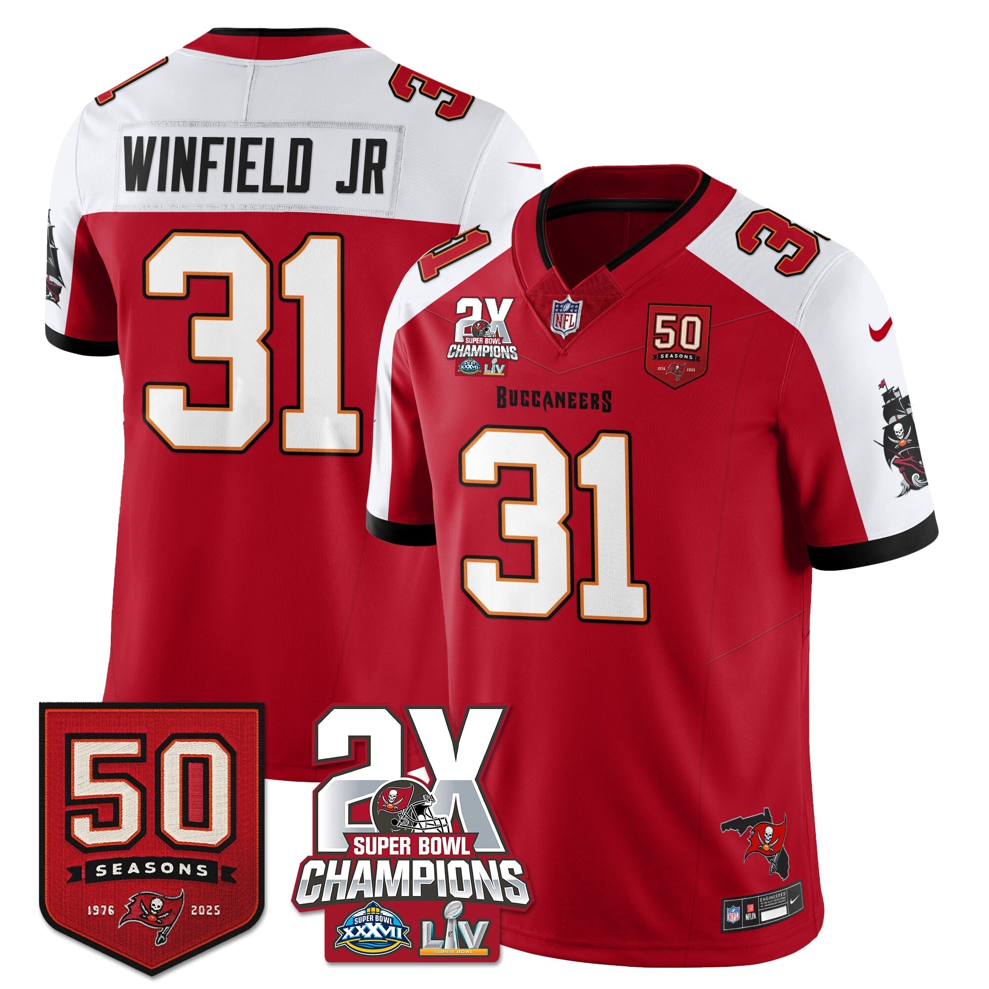 Tampa Bay Buccaneers Antoine Winfield Jr 2-Time Champions Patch Vapor Limited Jersey - All Stitched - Red Alternate