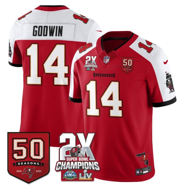 Tampa Bay Buccaneers Chris Godwin 2-Time Champions Patch Vapor Limited Jersey - All Stitched - Red Alternate