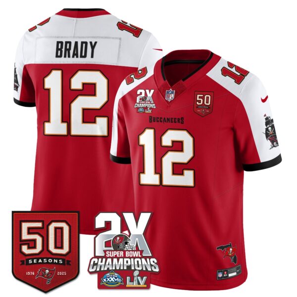 Tampa Bay Buccaneers Tom Brady 2-Time Champions Patch Vapor Limited Jersey - All Stitched - Red Alternate