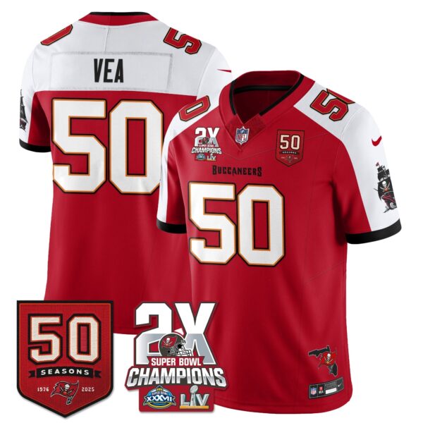 Tampa Bay Buccaneers Vita Vea 2-Time Champions Patch Vapor Limited Jersey - All Stitched - Red Alternate