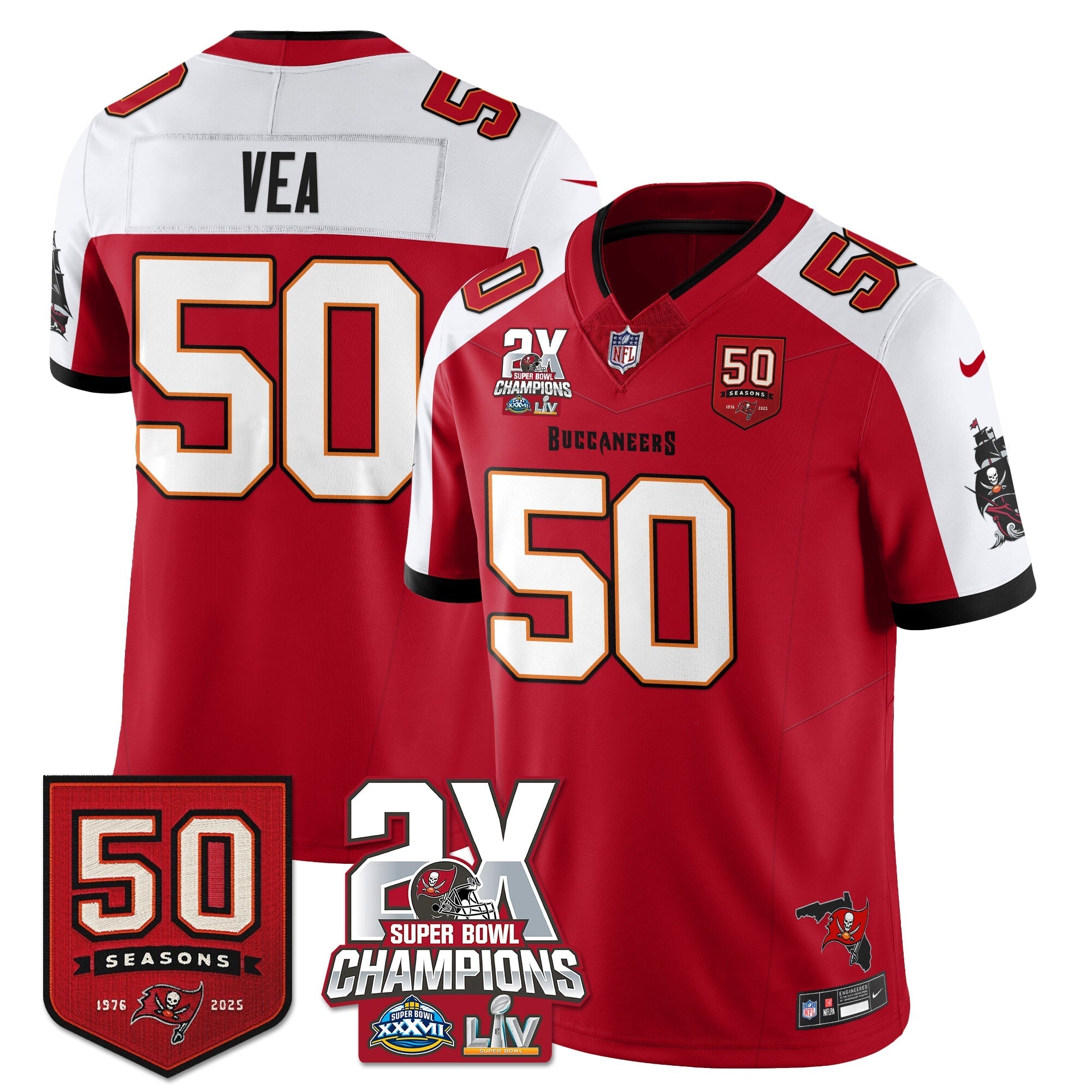Tampa Bay Buccaneers Vita Vea 2-Time Champions Patch Vapor Limited Jersey - All Stitched - Red Alternate