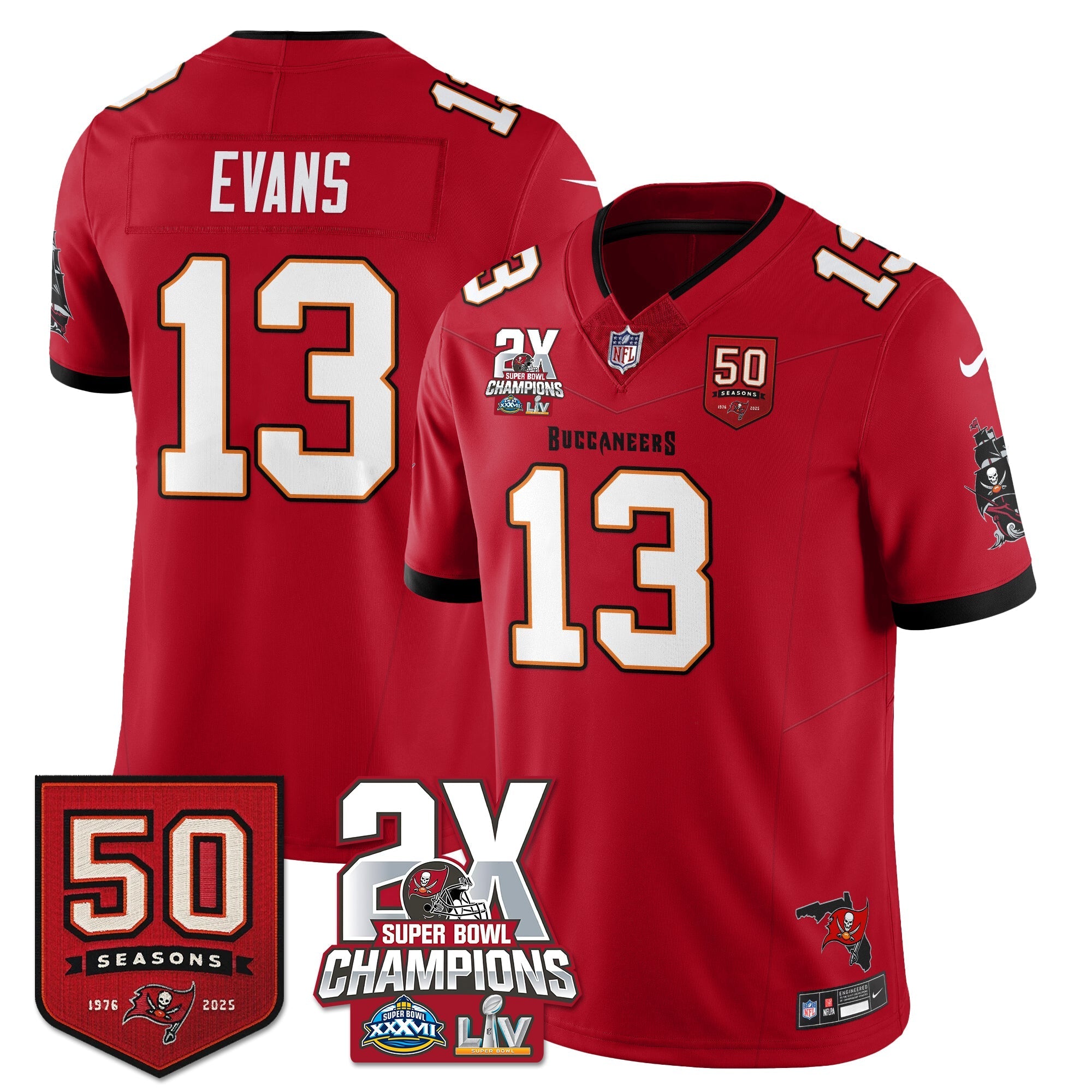 Tampa Bay Buccaneers Mike Evans 2-Time Champions Patch Vapor Limited Jersey - All Stitched - Red