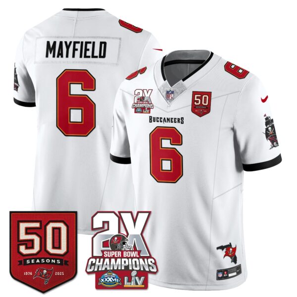 Tampa Bay Buccaneers Baker Mayfield 2-Time Champions Patch Vapor Limited Jersey - All Stitched - White