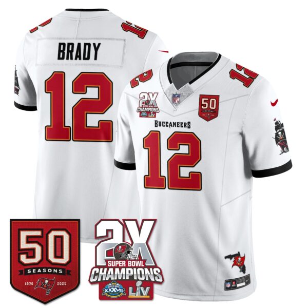 Tampa Bay Buccaneers Tom Brady 2-Time Champions Patch Vapor Limited Jersey - All Stitched - White