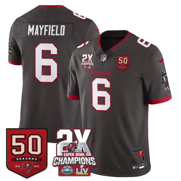 Tampa Bay Buccaneers Baker Mayfield 2-Time Champions Patch Vapor Limited Jersey - All Stitched - Pewter