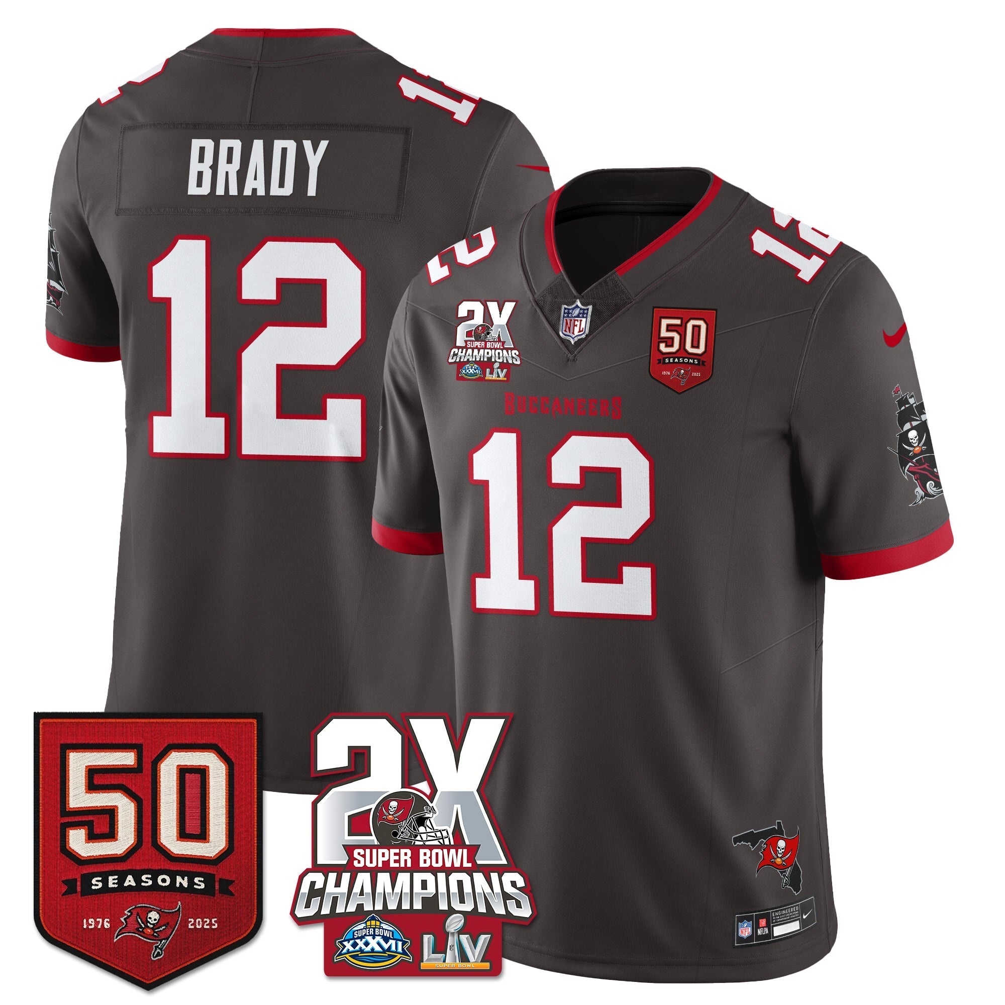 Tampa Bay Buccaneers Tom Brady 2-Time Champions Patch Vapor Limited Jersey - All Stitched - Pewter