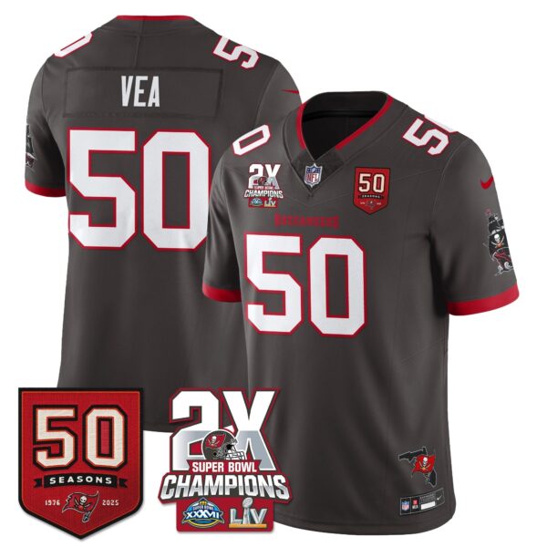 Tampa Bay Buccaneers Vita Vea 2-Time Champions Patch Vapor Limited Jersey - All Stitched - Pewter
